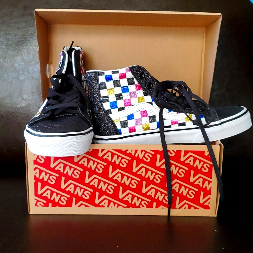 NWB Vans Sk8-HI Zip Glitter chkrdbrd